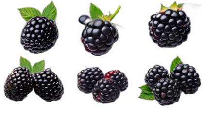  More dall'alto- Sei set di more su uno sfondo bianco. Ogni set include una mora intera, una_1(241)