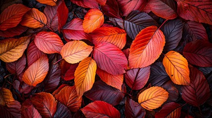 Fototapeta premium A vibrant collection of fallen autumn leaves in shades of red, orange, and yellow, covering the ground.