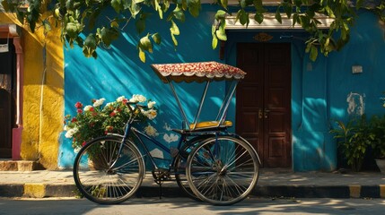 A Colorful Contrasting Scene of a Traditional Cycle Rickshaw in Front of a Bright Blue Wall in India