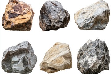 Generate an image of six large, rugged rocks with various textures and shades of brown