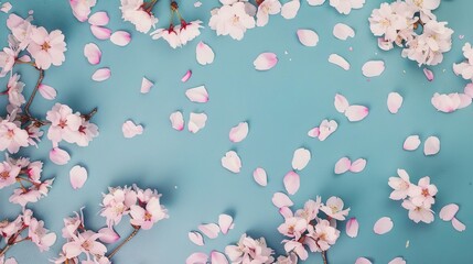 Sakura blossom petals in sky, pink cherry flowers, spring floral backg
round, nature landscape banner