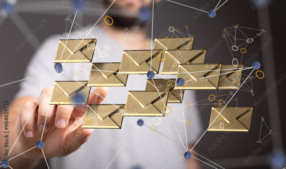 Poster 3d rendering flying email icon and web flying