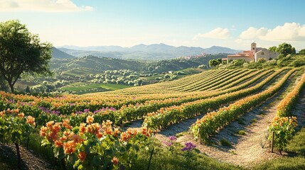 Naklejka premium Picturesque Vineyard Landscape with Church in the Distance