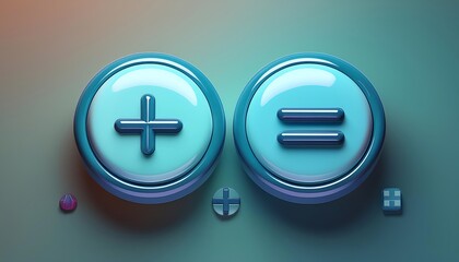 Obraz premium Two glossy buttons with plus and equals symbols on a gradient background, representing mathematics or calculations.
