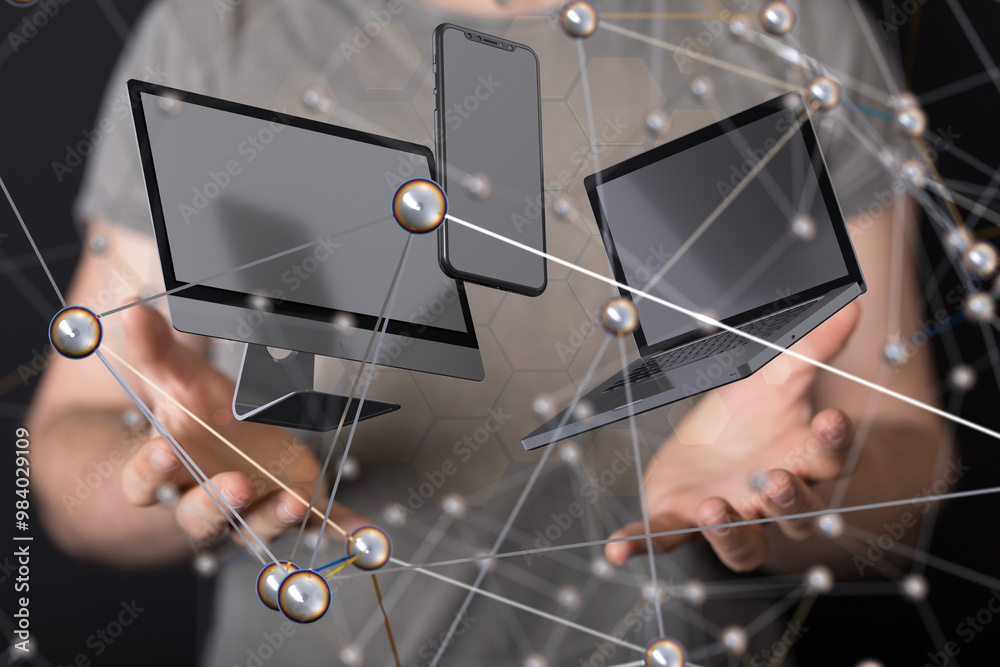 Poster Global network. Blockchain. 3D illustration. Neural networks and artificial intelligence. Abstract