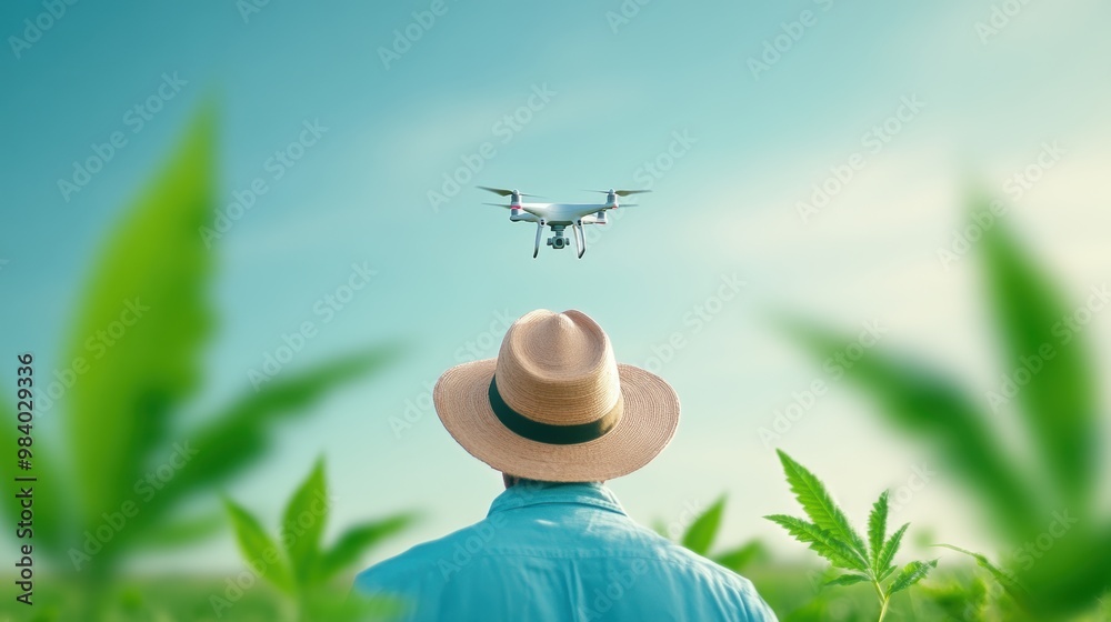 Sticker A farmer using a drone to inspect crops, showcasing the use of technology for efficient crop monitoring.