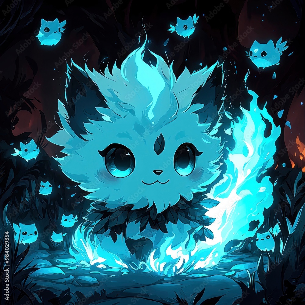 Poster cute blue fire fox