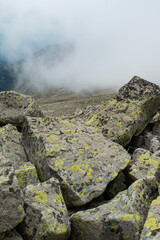 Mountain landscapes covered with white clouds. Cloudy mountains. Blue sky and magnificent white clouds. Magnificent Uludağ treking routes. Cloudy views from Uludağ.