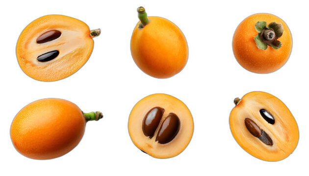  Nespole dall'alto- Sei set di nespole su uno sfondo bianco. Ogni set comprende una nespola _1(256)