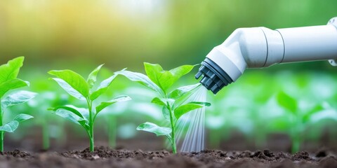 robot arm watering plants, automatic agricultural futuristic technology concept
