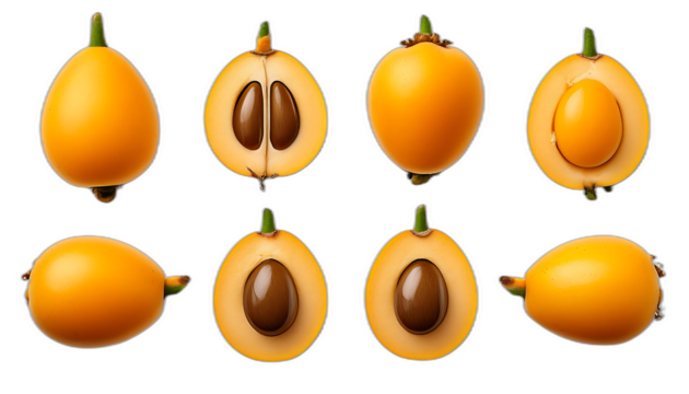  Nespole dall'alto- Sei set di nespole su uno sfondo bianco. Ogni set comprende una nespola _1(258)