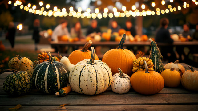 A cozy autumn scene with a variety of pumpkins on a wooden table, illuminated by warm string lights in the background, perfect for fall gatherings.