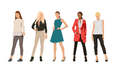 Obraz premium Group of women, young adult female models stand dressed in different clothes, flat design geometric isolated vector illustration of people