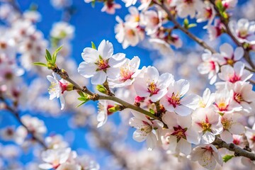 Fototapeta premium Almond tree branches in bloom with blue sky in background