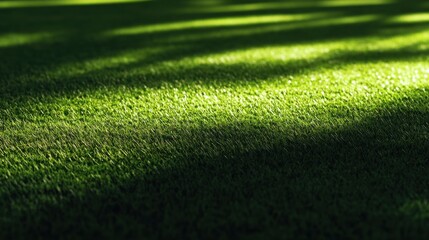 Naklejka premium Lush green football field with perfectly trimmed grass under bright natural sunlight casting shadows and providing a vibrant and fresh look at the pitch