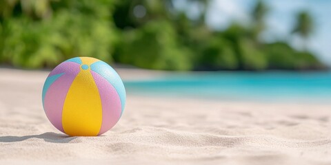 Obraz premium Beach ball on sand with blur sea, bright sunny day