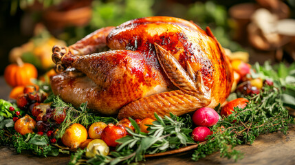 A beautifully roasted turkey garnished with vibrant fruits and herbs, perfect for a festive feast.