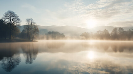Fototapeta premium Misty Lake at Sunrise with Reflections and Soft Light – Fatigue-Free Video Conference Wallpaper