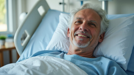Obraz premium Happy Patient Recovering in Hospital Bed - Positive Recovery, Healthcare, Senior Care, and Hospital Smiles