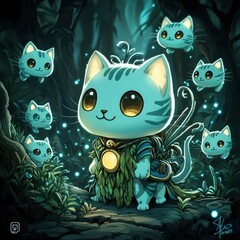 Obraz premium Adorable Blue Cat Warrior with a Magical Glow