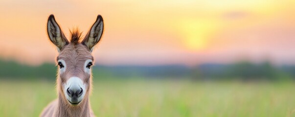 Beautiful donkey in green field with sky on background