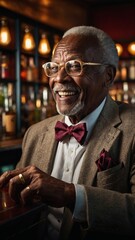 Obraz premium Elderly African American man with gray hair and beard, wearing glasses, burgundy bow tie, and tan suit jacket, smiling warmly in bar or restaurant setting