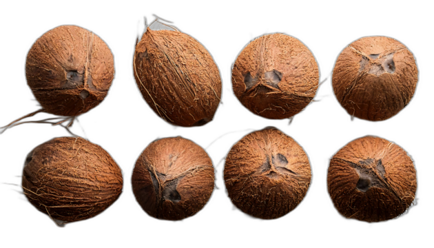 Noci di cocco dall'alto- Sei noci di cocco disposte su uno sfondo bianco, riprese dall'alto_1(266)