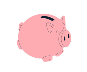 Piggy bank with coin slot for savings and personal finance. Cute funny pink moneybox, pig for storing cash. Piggybank, thrift, financial icon. Flat vector illustration isolated on white background