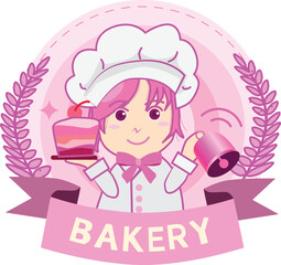 Bakery logo Cute girl character selling cake