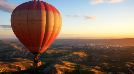 Obraz premium A vibrant hot air balloon soaring over a picturesque landscape during sunset, casting a warm glow on the hills and city below.