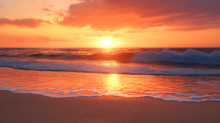 A serene sunset over a gentle ocean wave, creating a tranquil atmosphere with warm hues reflecting on the water's surface.