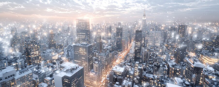 A panoramic off-white painted cityscape at dusk, with lights beginning to twinkle in skyscrapers and streets bustling with evening activity