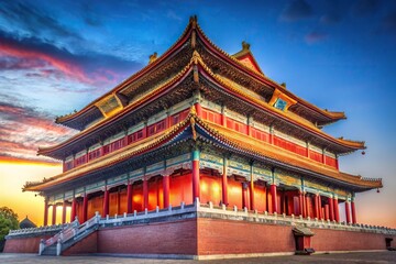 Ancient Chinese red building in Beijing during evening hours Worm's Eye View