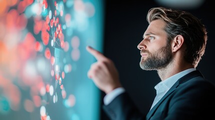A group of executives gathered around a large screen, analyzing business data and discussing insights to improve operations.