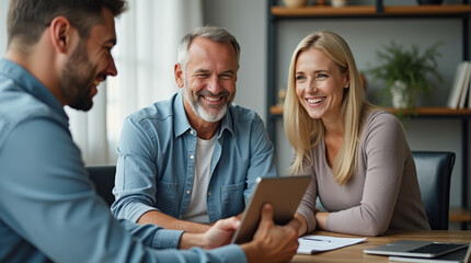 Fototapeta premium Financial Planning Video Conference with Mature Couples: Engaging Remote Consultation via Tablet for Retirement and Wealth Management