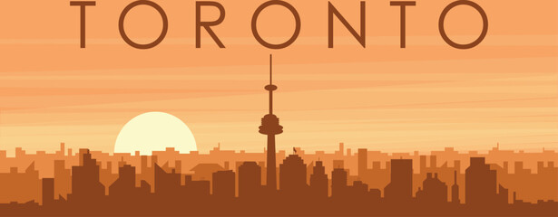 Brown panoramic poster of the city skyline with misty background buildings, sunrise, clouds and mountains of TORONTO, CANADA