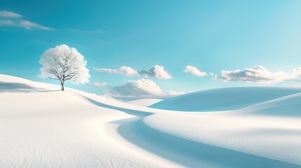 A panoramic view of a snow covered landscape, rolling hills blanketed in white, creating a sense of vastness and peace.