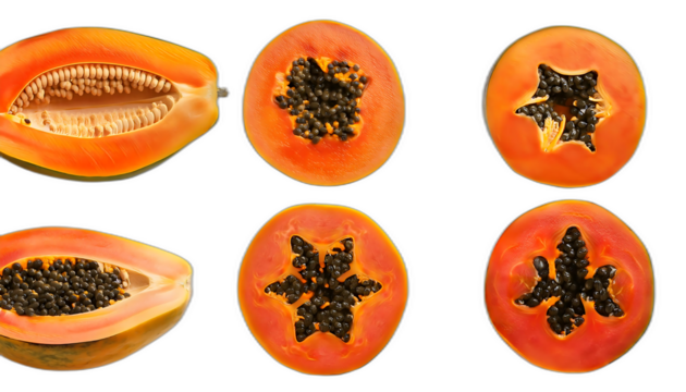  Papaya dall'alto- Sei set di papaya su uno sfondo bianco. Ogni set contiene una papaya _1(283)