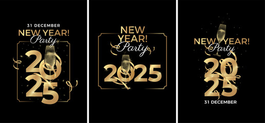 New Year 2025 event design templates. Elegant and modern style. Golden 2025 numbers and champagne glasses silhouette toasting. Vector illustration.