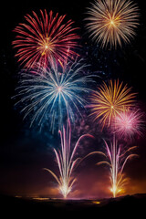 colorful red white and blue fireworks in the night sky.