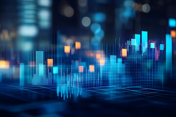 View of stock market expansion, business investment, and data analysis concept featuring digital financial charts, graphs, and indicators against a dark blue blurred background