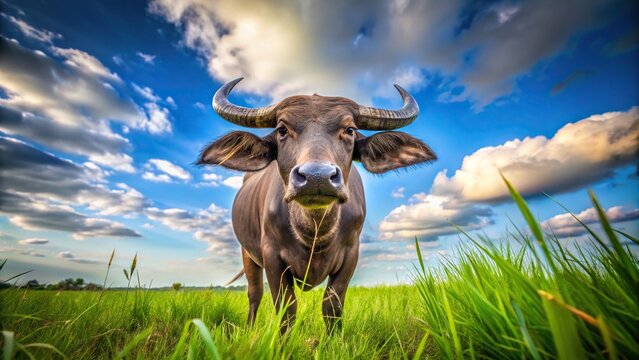 Animal carabao water buffalo grazing in grass field