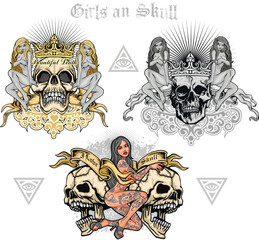 set, gothic sign with skull and sexy tattooed girls, grunge vintage design t shirts	
