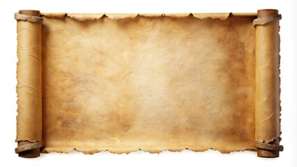 Antique parchment scroll with worn edges isolated on white background