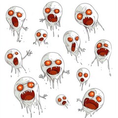Cartoon Ghost Faces With Red Eyes And Mouths