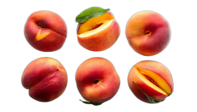  Pechè maturo dall'alto- Sei pesche mature disposte su uno sfondo bianco, riprese dall'alto,_1(295)