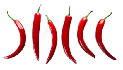  Peperoncini piccanti dall'alto- Sei peperoncini rossi piccanti disposti su uno sfondo b_1(300)