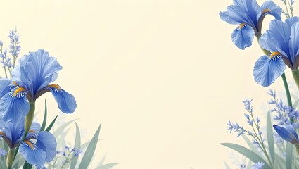 Blue irises on cream background Elegant floral banner for sympathy or retirement