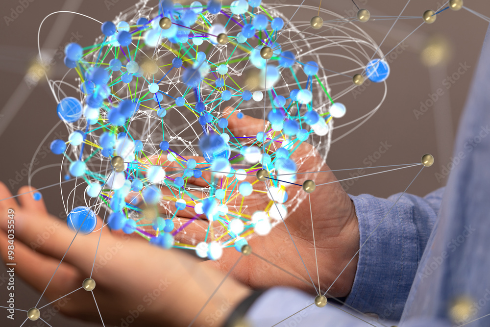 Aufkleber Global network. Blockchain. 3D illustration. Neural networks and artificial intelligence. Abstract
