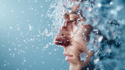 Fototapeta premium A human figure slowly transforming into an ice sculpture, their form dissolving into a crystalline structure, creating a surreal representation of change and transition.